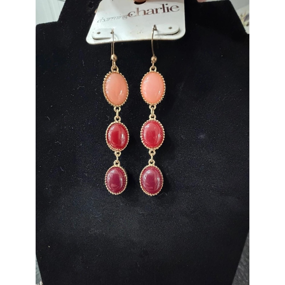 Charming Charlie Gold Tone Pink Wine Cabochon Dangle Earrings Statement Elegant
